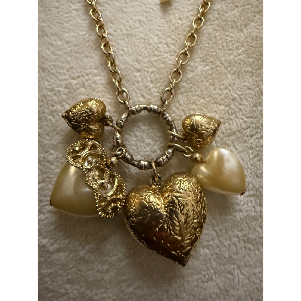 1928 Jewelry Gold Tone Faux Pearl Heart Charm Necklace Etched Floral Filigree